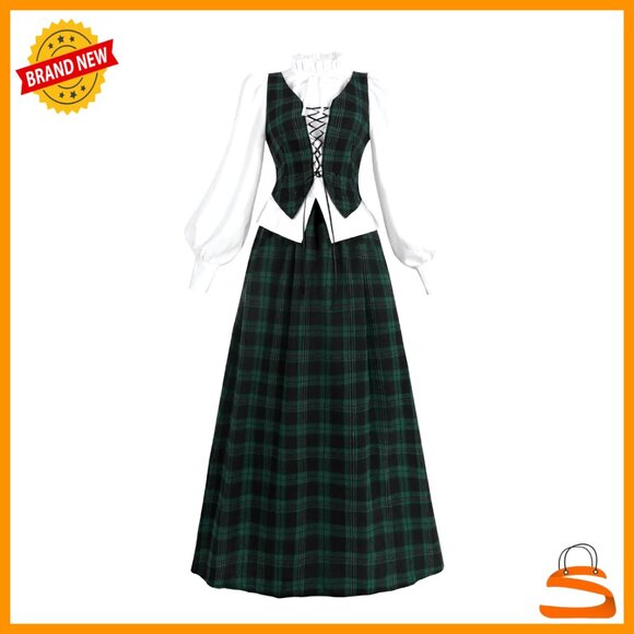 Dresses & Skirts - Victorian Edwardian Plaid Skirt Blouse Set Renaissance Costume Elegant Vintage